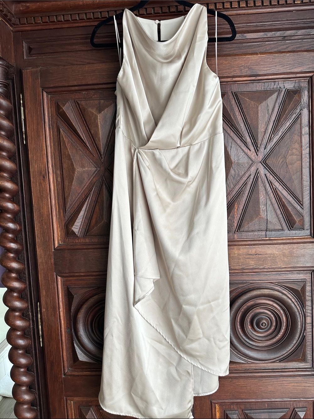 Lena Champagne Satin Halter Crowl neck Draped Cocktail Dress in Cream